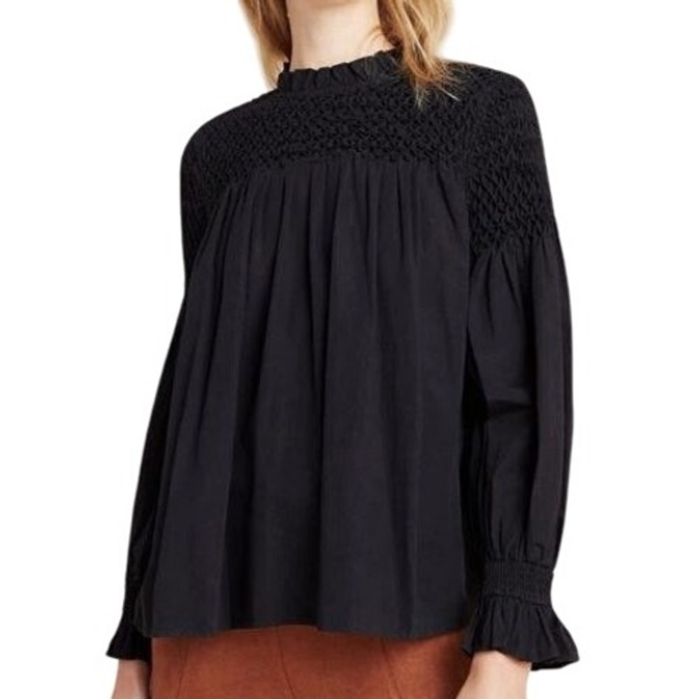 Maeve Anthropologie Black Smocked Ruffle Neck Long Sleeve Blouse Top Size 2